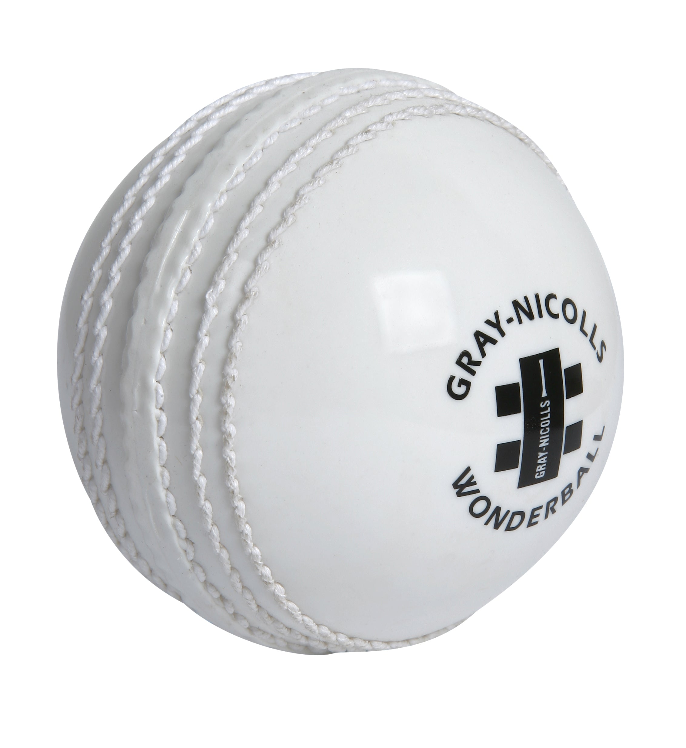 The white Gray Nicolls Wonderball features visible stitched seams, the Gray Nicolls logo, and is ideal for catching practice.