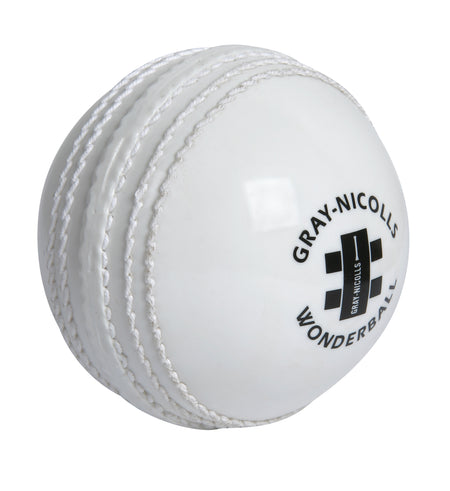The white Gray Nicolls Wonderball features visible stitched seams, the Gray Nicolls logo, and is ideal for catching practice.