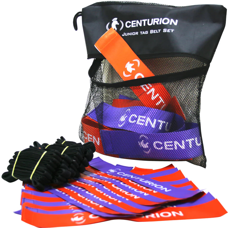 The Centurion Junior Rugby Tag Set by Centurion features a black mesh bag with colorful orange, purple, and red tag belts—all branded—plus black straps, making it ideal for child rugby training.
