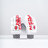 The Gray Nicolls Neocore 500 Batting Gloves 2026 feature a sleek white design with bold red "NEOCORE" branding, split finger construction, black-and-white checkerboard cuffs, and are showcased on a clean, minimal background.