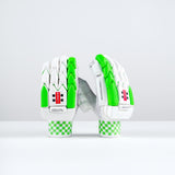 The Gray Nicolls Classic Players Edition Batting Gloves 2026 in green, featuring premium protection and stylish design, stand upright on a white surface against a plain light gray background.
