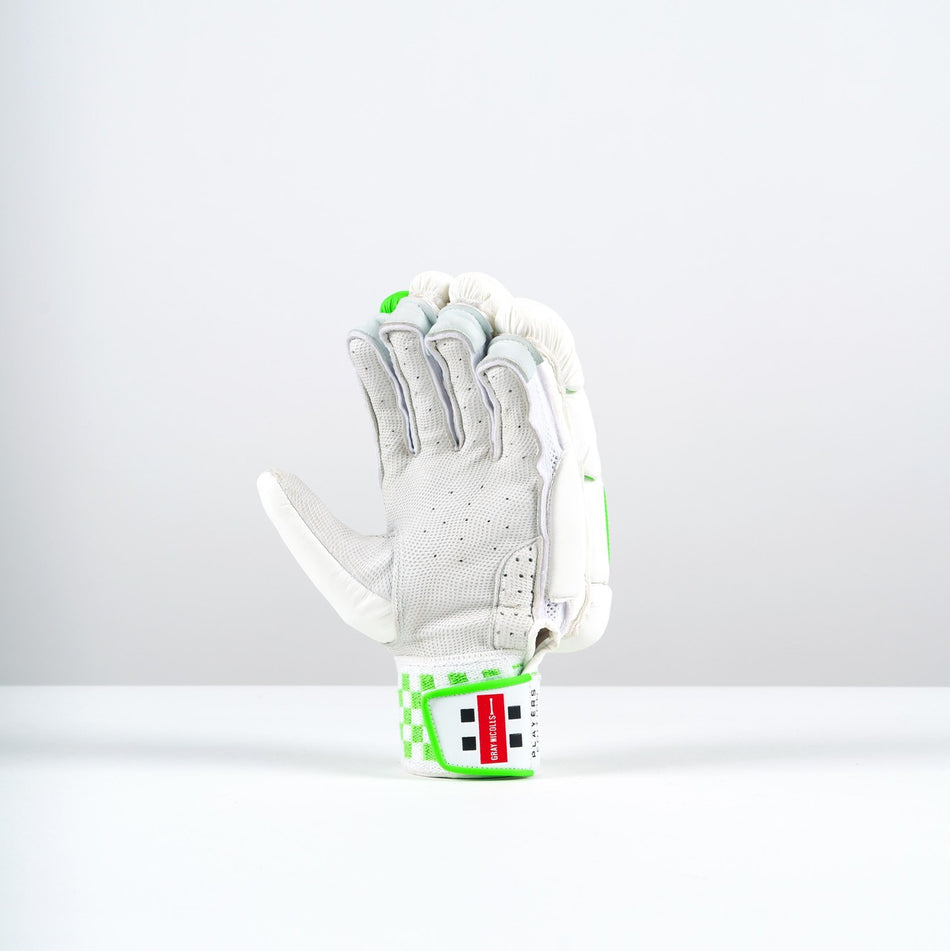 A single Gray Nicolls Classic Players Edition Batting Glove 2026 with 5-star protection and a white and gray design with green accents stands upright on a white surface against a light gray background. The wrist strap shows the red and white Gray Nicolls logo.
