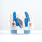 A pair of Gray Nicolls Havoc 1.0 2000 Batting Gloves 2026, white with blue accents and checkered blue-and-white wristbands reading "HAVOC," stand upright against a plain white background.