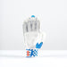 The Gray Nicolls Havoc 1.0 1000 Batting Gloves 2026 stands upright on a white surface, showcasing white with blue accents, split-finger design, high-density foam padding, and a checkered wrist strap against a plain light background.