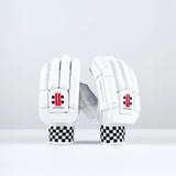 Two Gray Nicolls Classic Prestige Batting Gloves 2026 with black-and-white checkered wristbands stand upright, showing a red and black logo, "PROTECTION" print, enhanced finger protection, and leather palms for superior grip.