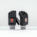 The Gray Nicolls Ultimate 500 Coloured Batting Gloves 2026 in black feature pre-curved design, tri-layer protection, red and white branding on the back, and checkered black-and-white cuffs, displayed upright against a plain white background.