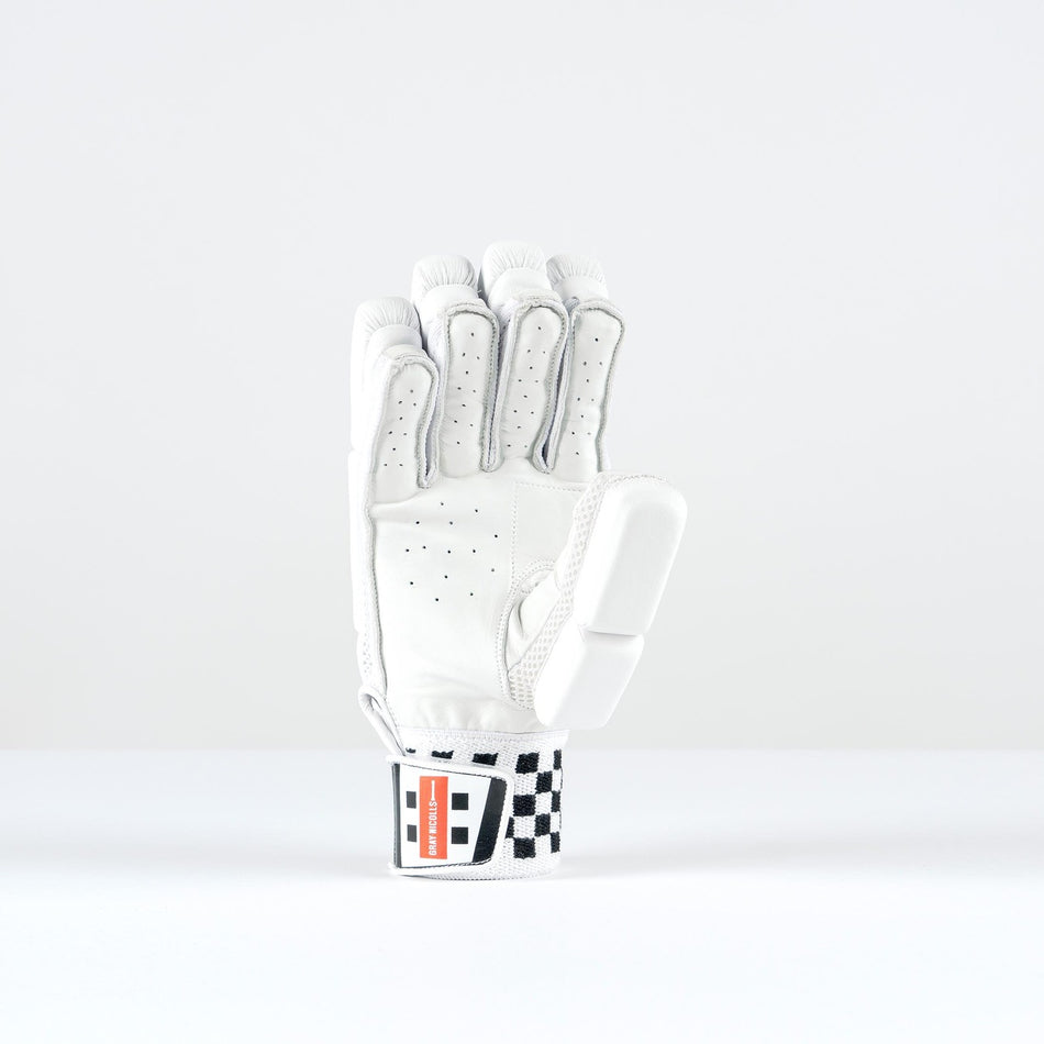 The Gray Nicolls Classic Ultimate 400 Batting Gloves 2026 stand upright on a white surface, displaying club-level quality and a flexi-finger design for comfort, with a white color, black accents, and checkered wrist strap against a plain background.