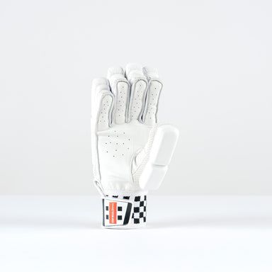 The Gray Nicolls Classic Ultimate 400 Batting Gloves 2026 stand upright on a white surface, displaying club-level quality and a flexi-finger design for comfort, with a white color, black accents, and checkered wrist strap against a plain background.