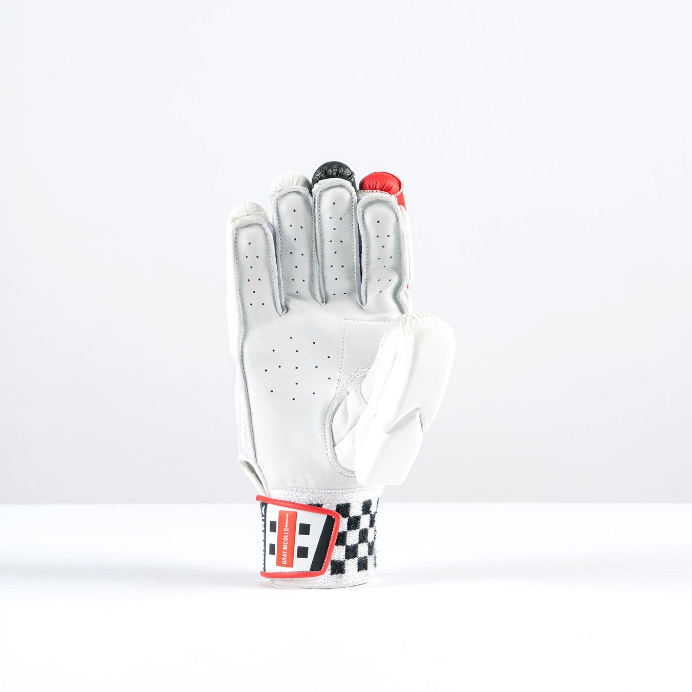 The Gray Nicolls Imperia 1.0 800 Batting Gloves 2026 are premium white gloves with black and red accents, perforated for ventilation, and feature a checkered wrist strap. Displayed upright with fingers curled, set against a plain white background.