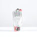 The Gray Nicolls Imperia 1.0 800 Batting Gloves 2026 are premium white gloves with black and red accents, perforated for ventilation, and feature a checkered wrist strap. Displayed upright with fingers curled, set against a plain white background.