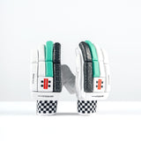 The Gray Nicolls GEM 3.1 400 Batting Gloves 2026 feature black-and-white checkered cuffs, white palms, and teal and black high-density foam padding, standing upright against a plain white background.