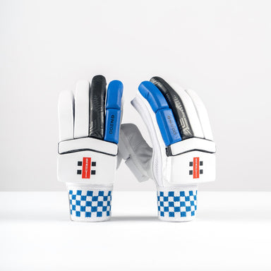 The Gray Nicolls GN200X Batting Gloves 2026 are lightweight cricket gloves with blue and black accents, checkerboard-patterned cuffs, and a red wrist label, shown upright against a plain white background.