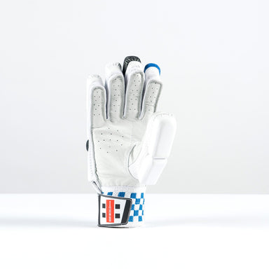 The Gray Nicolls GN200X Batting Gloves 2026, by Gray Nicolls, are white with black and blue accents, gray finger details, perforations for breathability, and a blue-and-white checkered strap with a red-and-black label near the wrist.