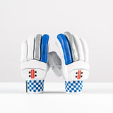 Gray Nicolls GN100X Batting Gloves 2026: white club cricket gloves with blue, gray, and silver finger padding, red Gray Nicolls branding on the wrist straps, and blue-and-white checkered cuffs, shown upright on a plain white background.