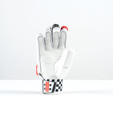 The Gray Nicolls GN PowerX Batting Gloves 2026 feature black, red, and gray accents, a black-and-white checkered wrist strap, and a red label. Shown upright with the palm forward against a plain white background.