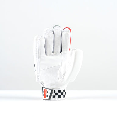 The Gray Nicolls Thunder Batting Gloves 2026, by Gray Nicolls, stand upright on a white surface. These white, lightweight gloves showcase black and red checkered wrist details and colored fingertip accents against a plain white backdrop.