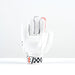 The Gray Nicolls Thunder Batting Gloves 2026, by Gray Nicolls, stand upright on a white surface. These white, lightweight gloves showcase black and red checkered wrist details and colored fingertip accents against a plain white backdrop.