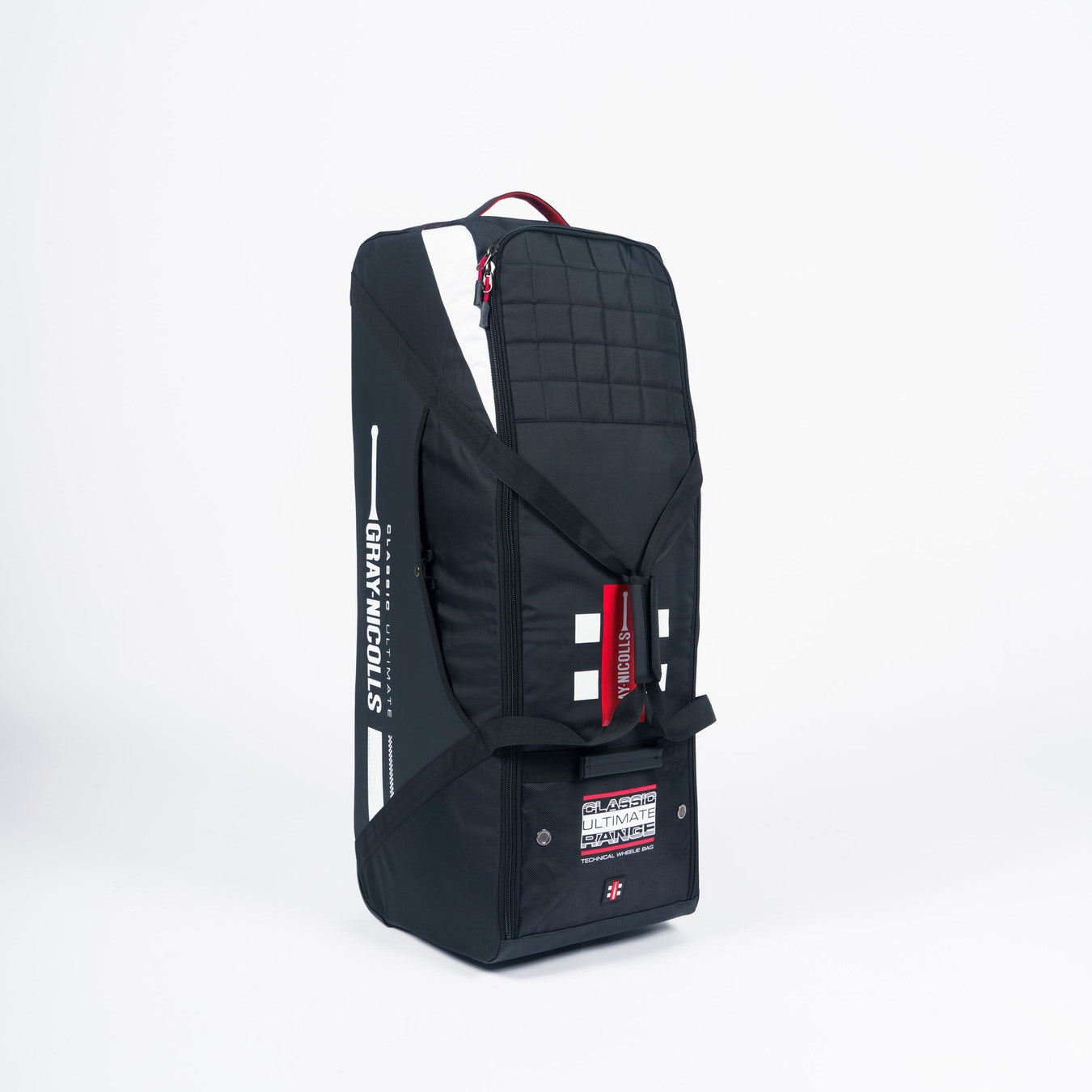 The Gray Nicolls Classic Ultimate Wheelie 2026 is a large, black rectangular wheelie bag with white and red accents, top handles, quilted pattern, deluxe wheels for easy transport, and GRAY-NICOLLS ULTIMATE branding on the side.