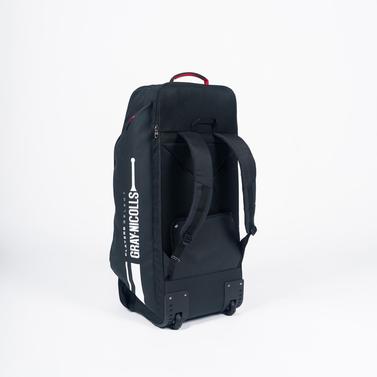 The Gray Nicolls Select Wheelie/Duffle 2026, a spacious black bag with backpack straps and wheels, displays the Gray Nicolls logo and cricket bat graphic on its side as it stands upright against a plain white background.