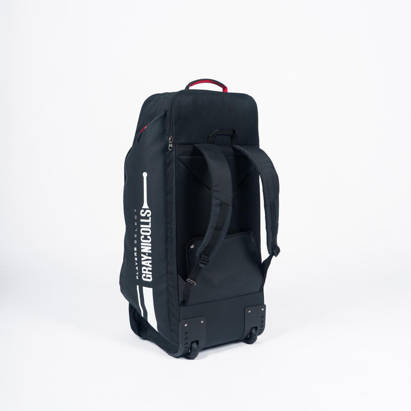 The Gray Nicolls Select Wheelie/Duffle 2026, a spacious black bag with backpack straps and wheels, displays the Gray Nicolls logo and cricket bat graphic on its side as it stands upright against a plain white background.