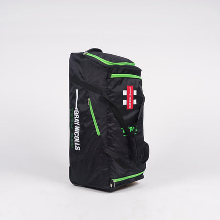 The Gray Nicolls Team 400 Wheelie is a black and fizz green cricket bag with a deluxe wheel system, top handle, brand logo, and large upright main compartment, displayed against a white background.