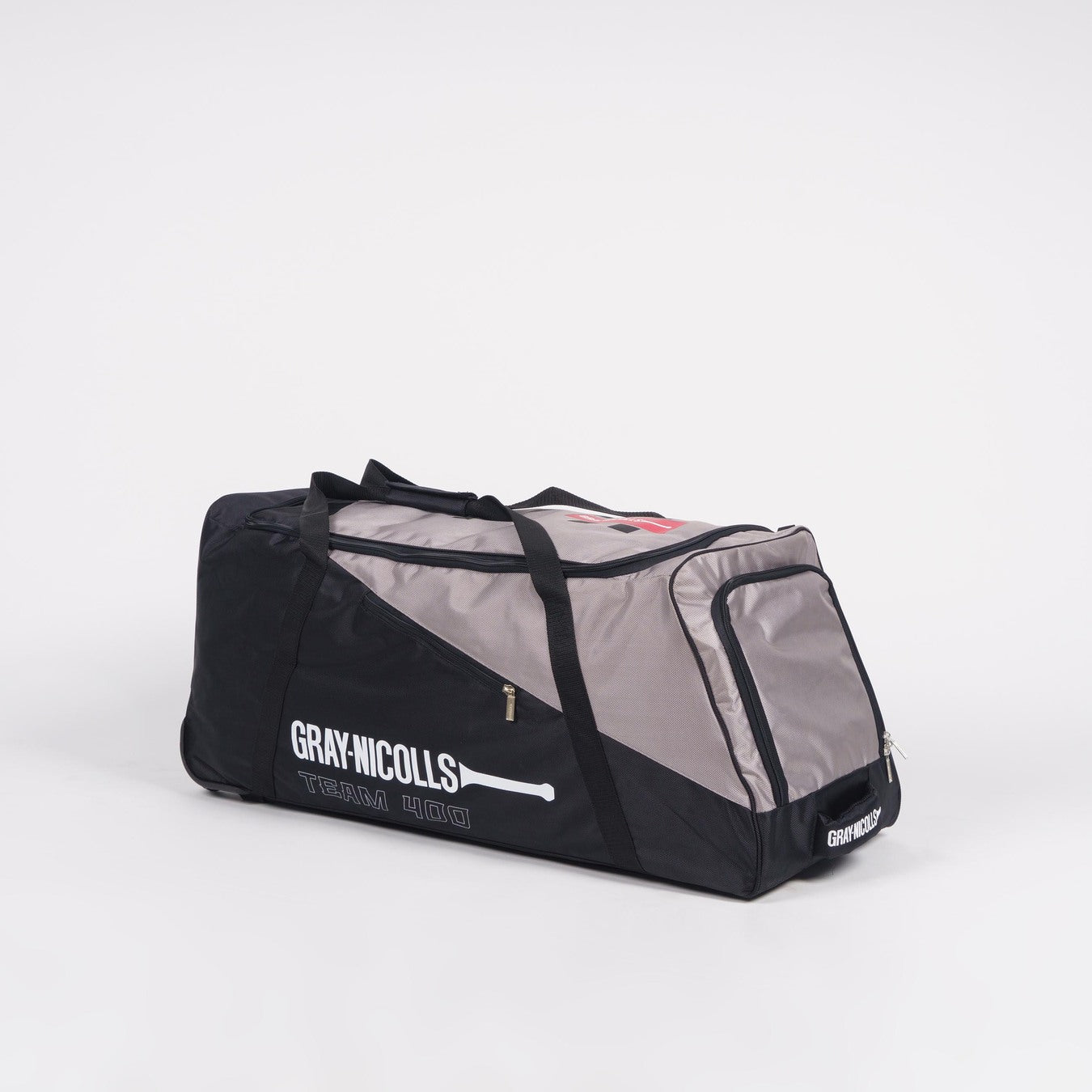 A large Gray Nicolls Team 400 Wheelie bag with black and gray panels, carrying handles, zippered compartments, deluxe wheel system, and a white logo on the side, photographed against a plain white background.