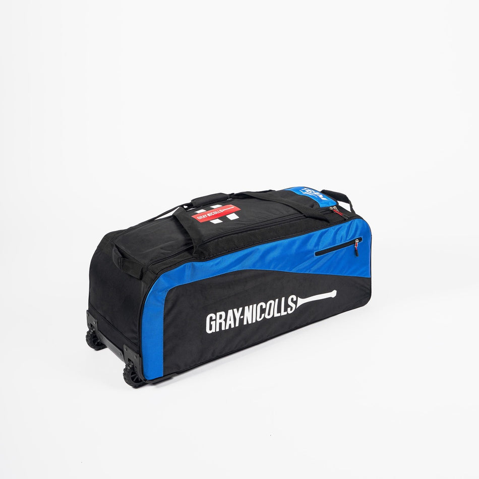 The Gray Nicolls Team 550 Wheelie Bag 2026, in Black/Royal, features wheels, a handle, and a name tag on top—ideal for carrying your cricket kit—shown on a white background with a bat graphic.