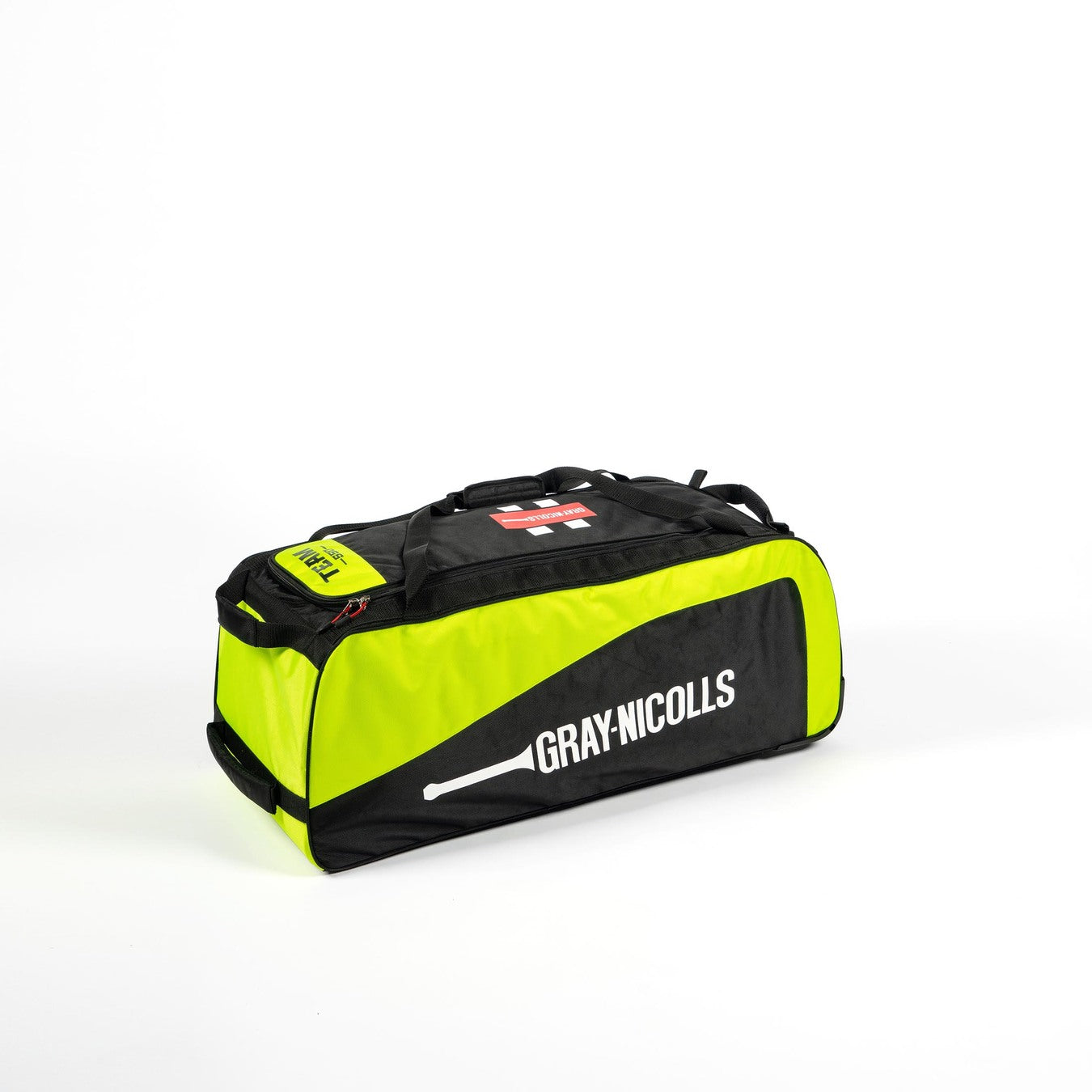 The Gray Nicolls Team 550 Wheelie Bag 2026 in Black/Neon Yellow, featuring a side logo and bat graphic, is the perfect cricket bag for matchday kit. This standout product from Gray Nicolls is displayed on a plain white background.