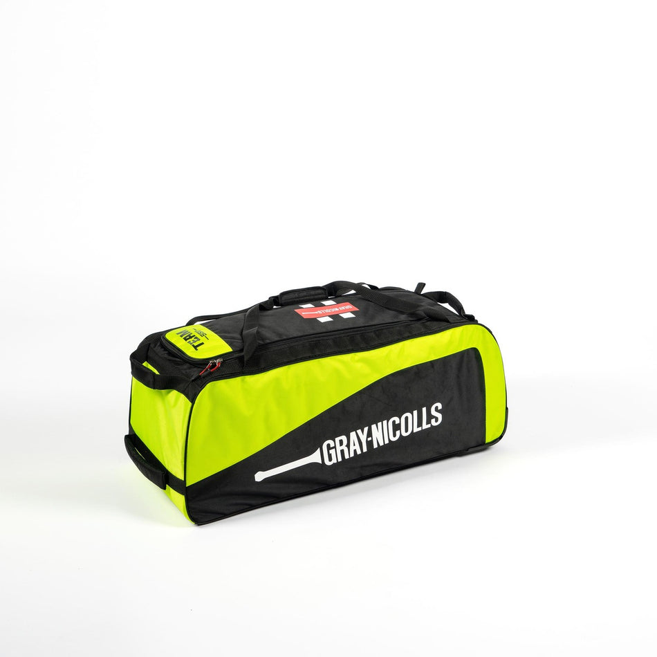 The Gray Nicolls Team 550 Wheelie Bag 2026 in Black/Neon Yellow, featuring a side logo and bat graphic, is the perfect cricket bag for matchday kit. This standout product from Gray Nicolls is displayed on a plain white background.