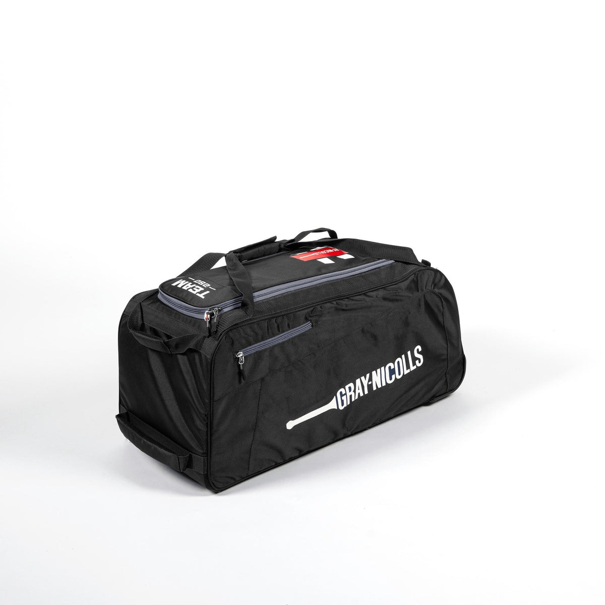 A Black/Grey Gray Nicolls Team 250 Wheelie Bag 2026 cricket kit bag with zippered compartments, carrying straps, and a white brand logo on the side, displayed on a plain white background.