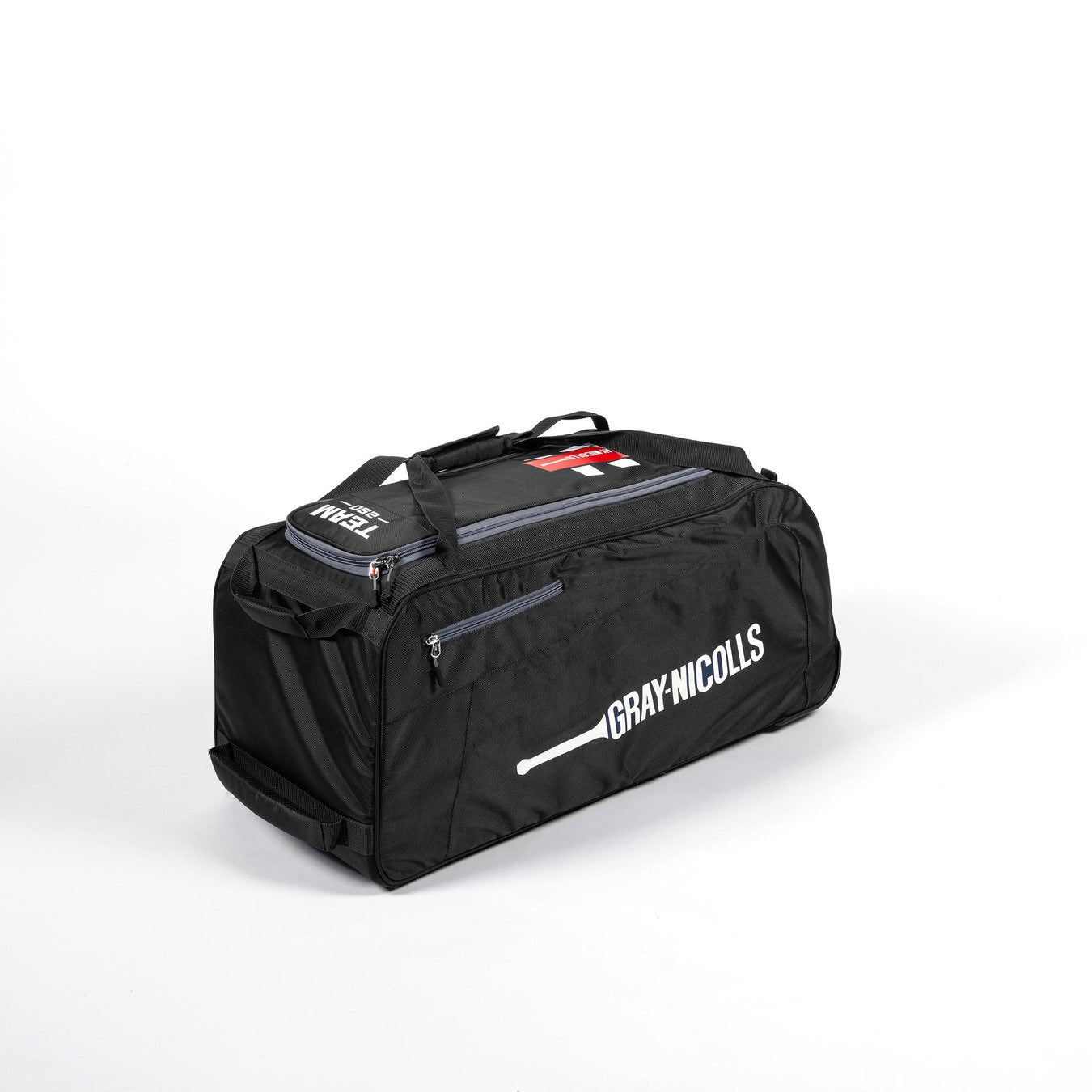A Black/Grey Gray Nicolls Team 250 Wheelie Bag 2026 cricket kit bag with zippered compartments, carrying straps, and a white brand logo on the side, displayed on a plain white background.