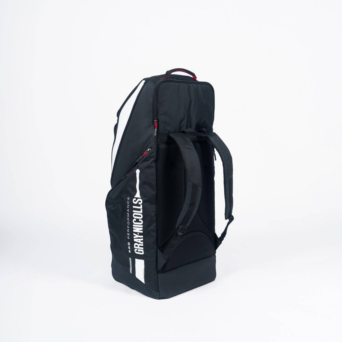The Gray Nicolls Pro Performance Duffle 2026 is a black professional cricket bag with a white logo and text, red zip accents, and dual shoulder straps, shown upright on a plain white background—perfect for cricketers.