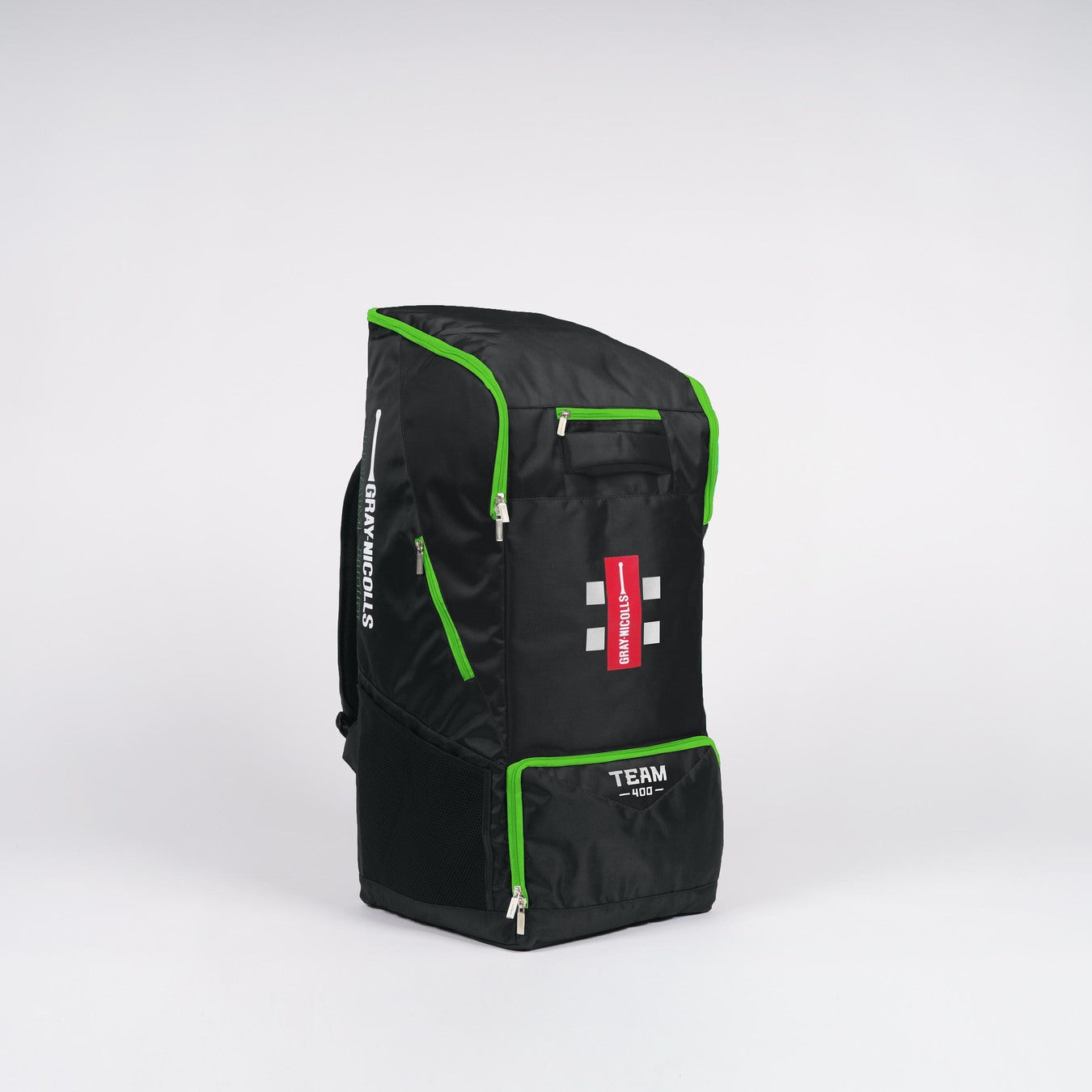 The Gray Nicolls Team 400 Duffle is a black and Fizz Green sports backpack with zippered compartments, mesh side pockets, reflective accents, bat storage pocket, and features the Gray Nicolls logo on the front. The bag stands upright on a white background.
