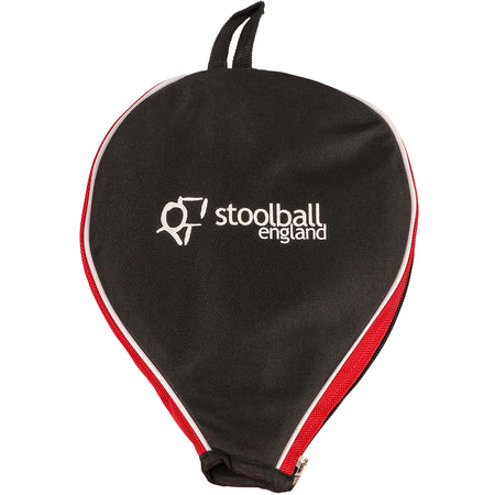 The Gray Nicolls Stoolball Bat Cover is a black and red zippered bat cover with a handle, featuring the Stoolball England logo and text in white—perfect for protecting your Gray Nicolls bat.