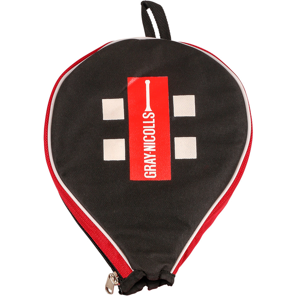 A black and red Gray Nicolls Stoolball Bat Cover with a zippered design, white logo, and rectangular front patterns for superior bat protection.