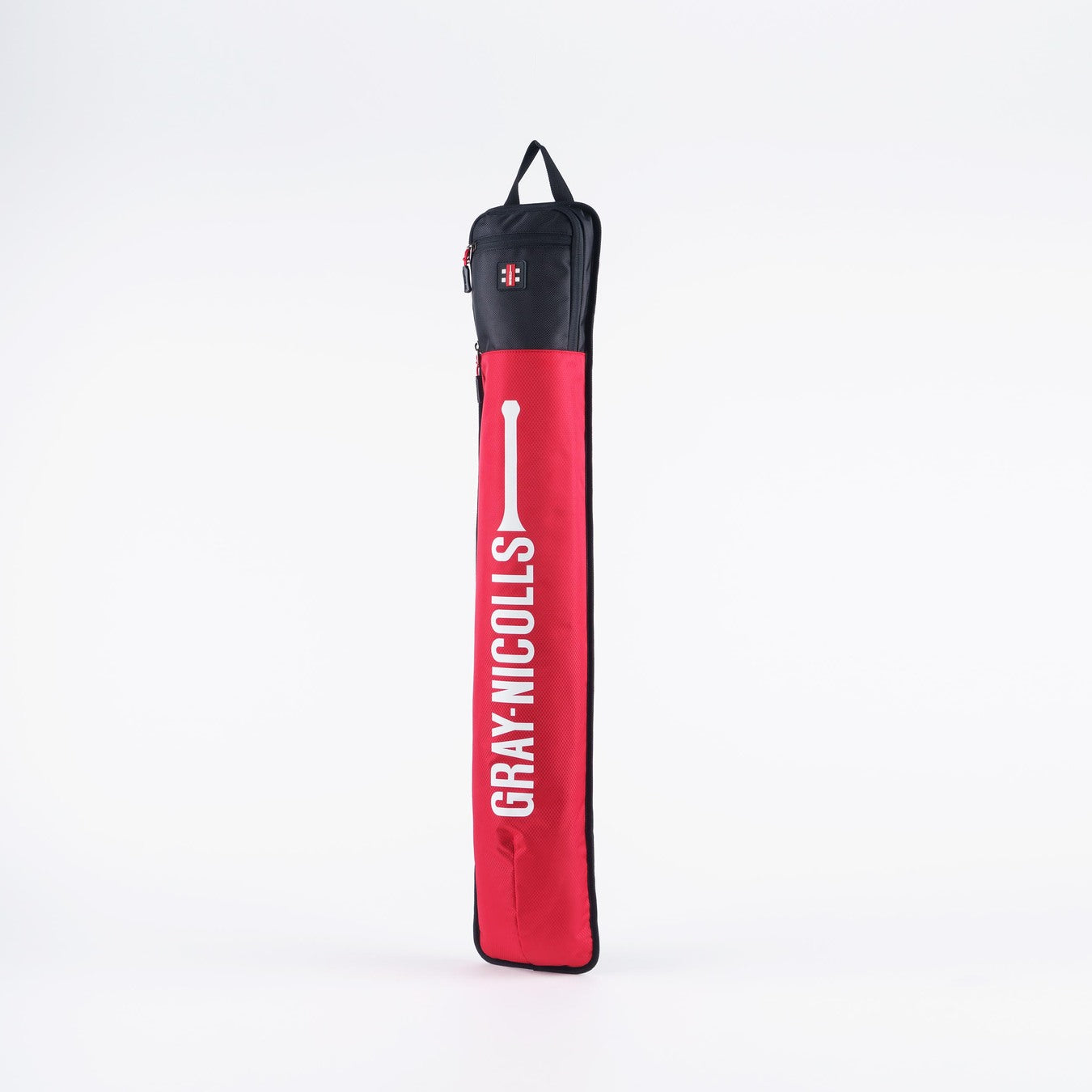 The Gray Nicolls Bat Cover features a red and black design with the brand name printed vertically and a white bat illustration. This full-length padded cover provides excellent protection for your cricket bat.