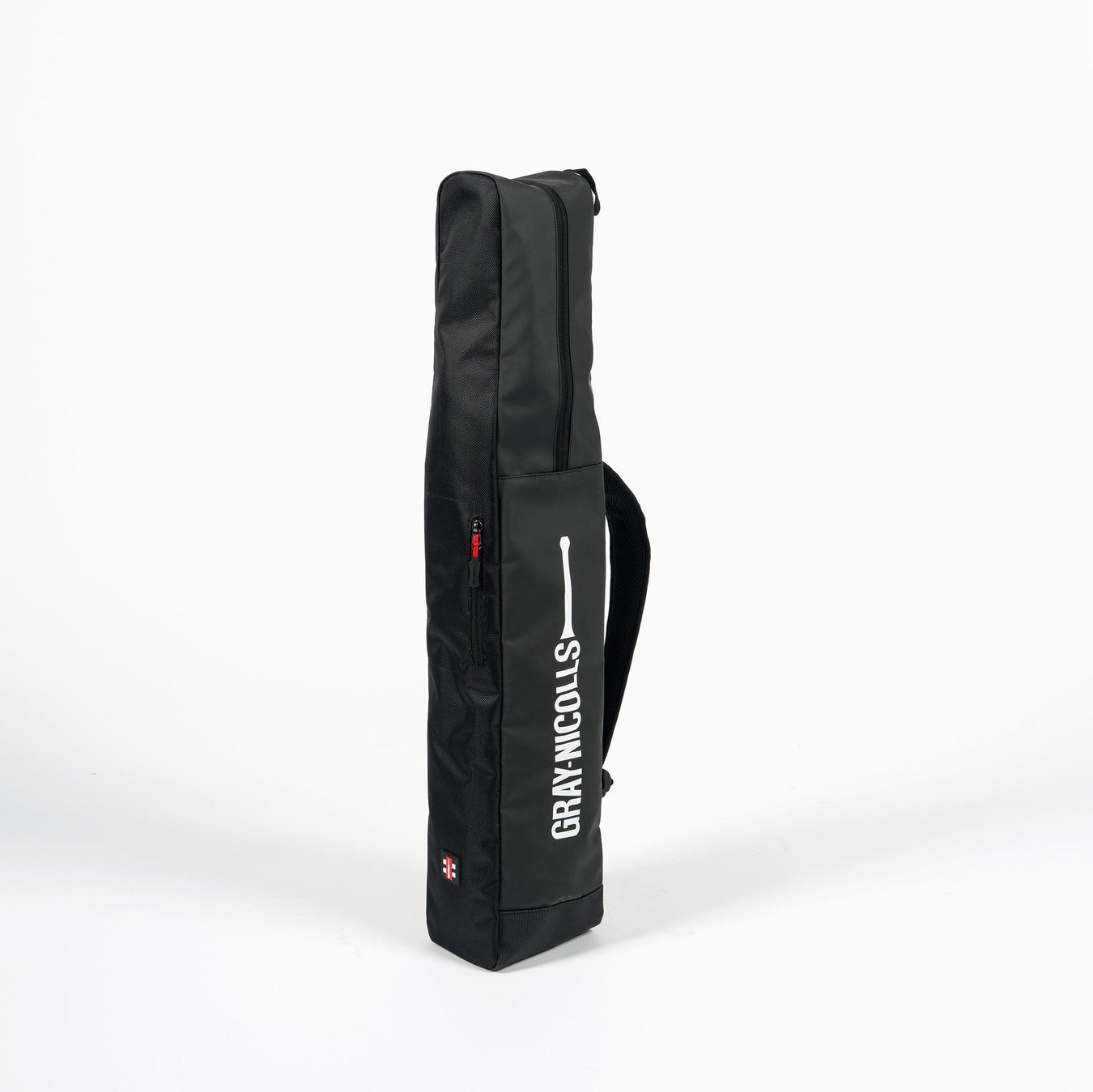 The Gray Nicolls Duo Bat Cover is a black dual bat case with a shoulder strap, featuring the Gray Nicolls logo in white and two cricket stumps graphics on the front. The cover stands upright against a plain white background.