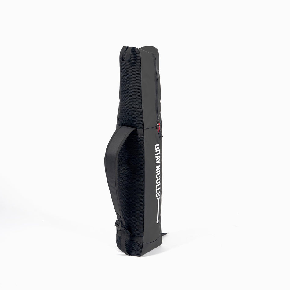 The Gray Nicolls Duo Bat Cover in black stands upright on a white background, featuring a carry handle and zipper—ideal for protecting your cricket bats.