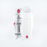 The Gray Nicolls Classic Players Edition Batting Pads 2026 are white leg guards with black and red branding, checkered straps, and lightweight HDF multi-layer protection, shown against a plain white background.