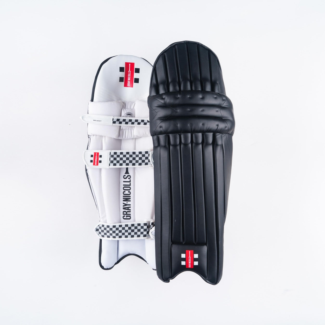 Two Gray Nicolls Classic Select Batting Pads 2026, one mostly white and one all black, are shown side by side on a white background. The narrow fit pad offers HDF EVA protection, and both pads feature the Gray Nicolls logo at the top.