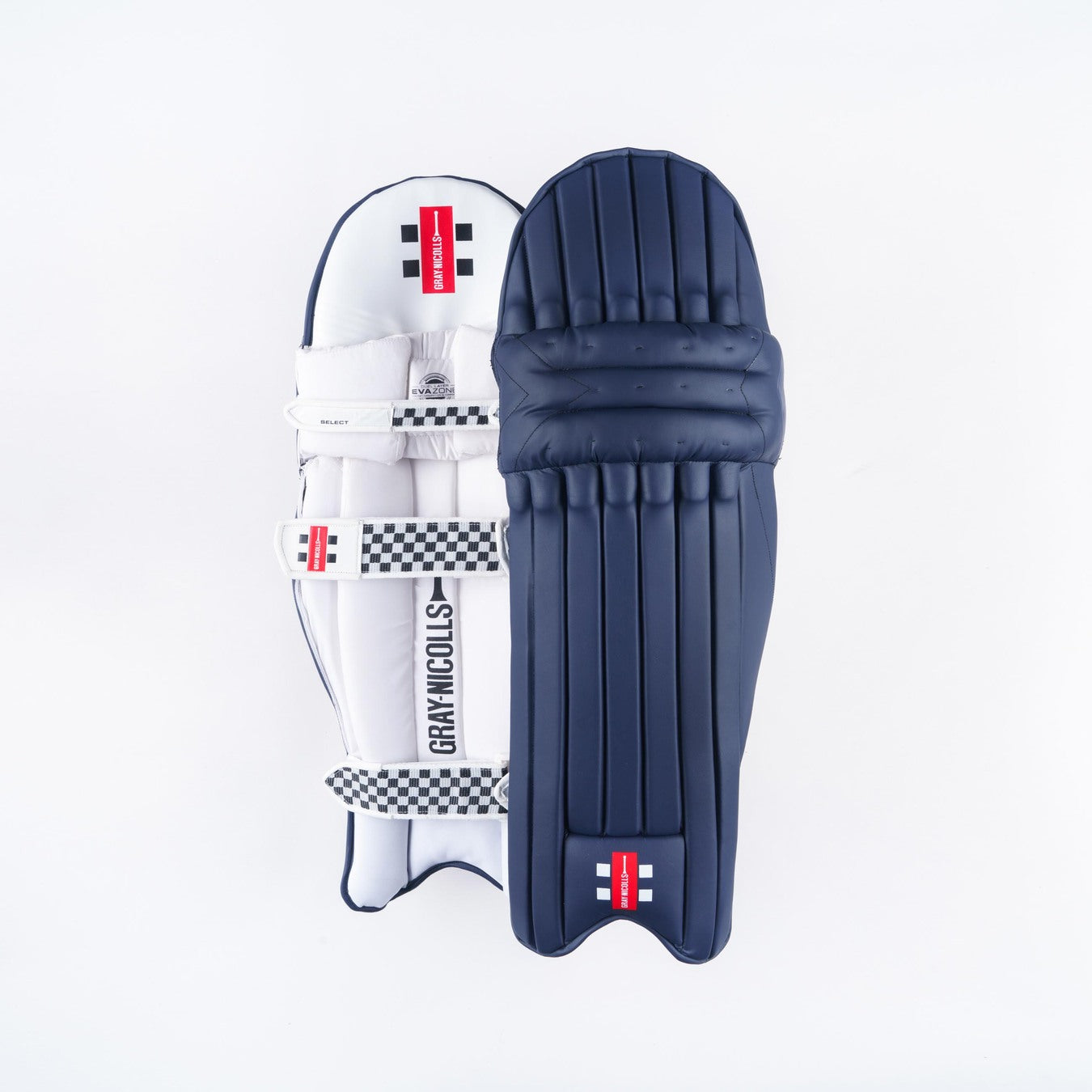 Two Gray Nicolls Classic Select Batting Pads 2026 in navy are shown side by side on a white background, with one displaying the front and the other showing the back with straps, branding, and padding for comfort.