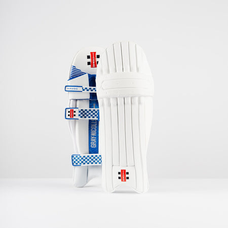 A pair of Gray Nicolls Havoc 1.0 Batting Pads 2026, known for lightweight protection, feature blue and white checkered straps with red, black, and white branding, standing upright against a plain white background.