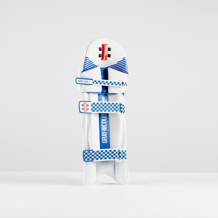 The Gray Nicolls Havoc 1.0 Batting Pads 2026 are lightweight white and blue pads that provide reliable cricket protection for every player.