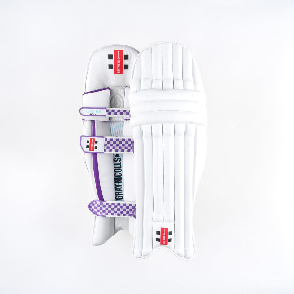 The Gray Nicolls GEM 2.1 400 Batting Pads 2026 in white are shown front and back, highlighting purple straps and “GRAY-NICOLLS” branding—ideal cricket pads for women, displayed against a plain white background.
