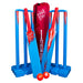 The Gray Nicolls PowerPlay Blue Kit includes two blue and red bats, two sets of blue stumps with stands, two orange balls, and a red carrying bag—ideal for kids’ cricket matches outdoors.