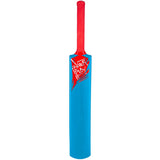 The Gray Nicolls Grays Nicolls PowerPlay Blue Bat features a blue body, red handle, and bold red-and-white PowerPlay logo. Its modern angular graphics make it the perfect stylish cricket bat for young players.