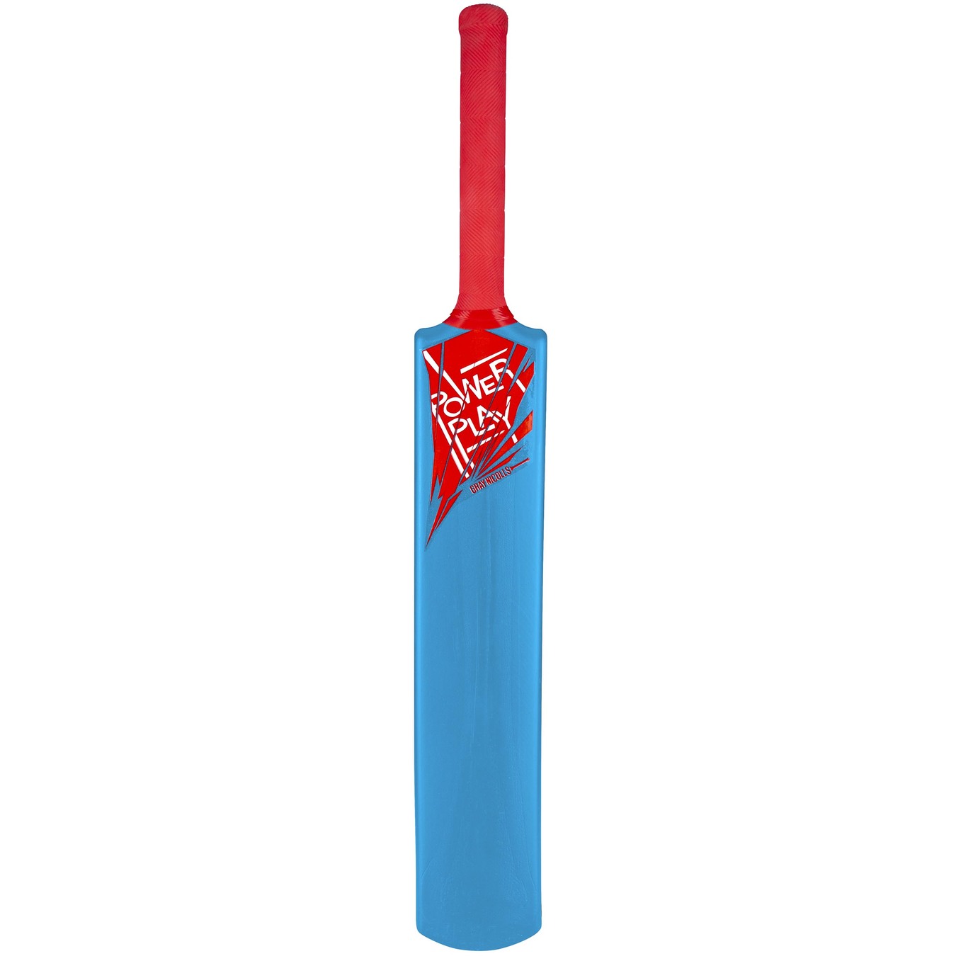 The Gray Nicolls Grays Nicolls PowerPlay Blue Bat features a blue body, red handle, and bold red-and-white PowerPlay logo. Its modern angular graphics make it the perfect stylish cricket bat for young players.