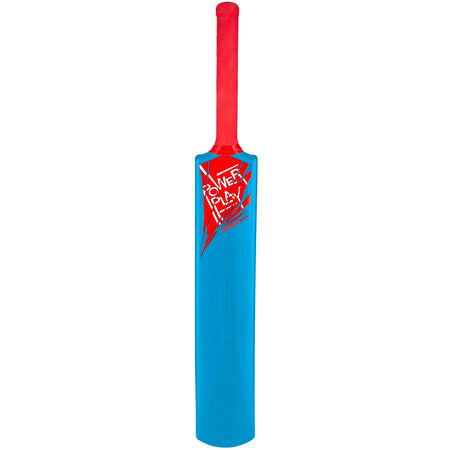 The Gray Nicolls Grays Nicolls PowerPlay Blue Bat features a blue body, red handle, and bold red-and-white PowerPlay logo. Its modern angular graphics make it the perfect stylish cricket bat for young players.