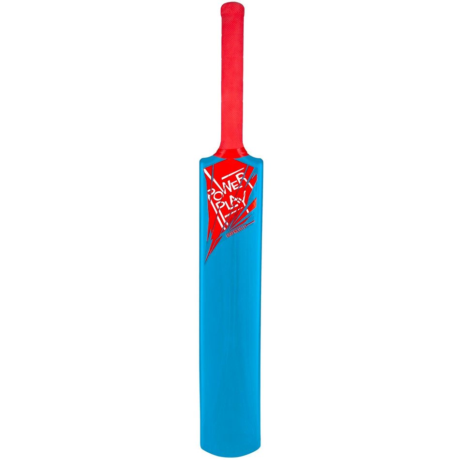 The Gray Nicolls Grays Nicolls PowerPlay Blue Bat features a blue body, red handle, and bold red-and-white PowerPlay logo. Its modern angular graphics make it the perfect stylish cricket bat for young players.