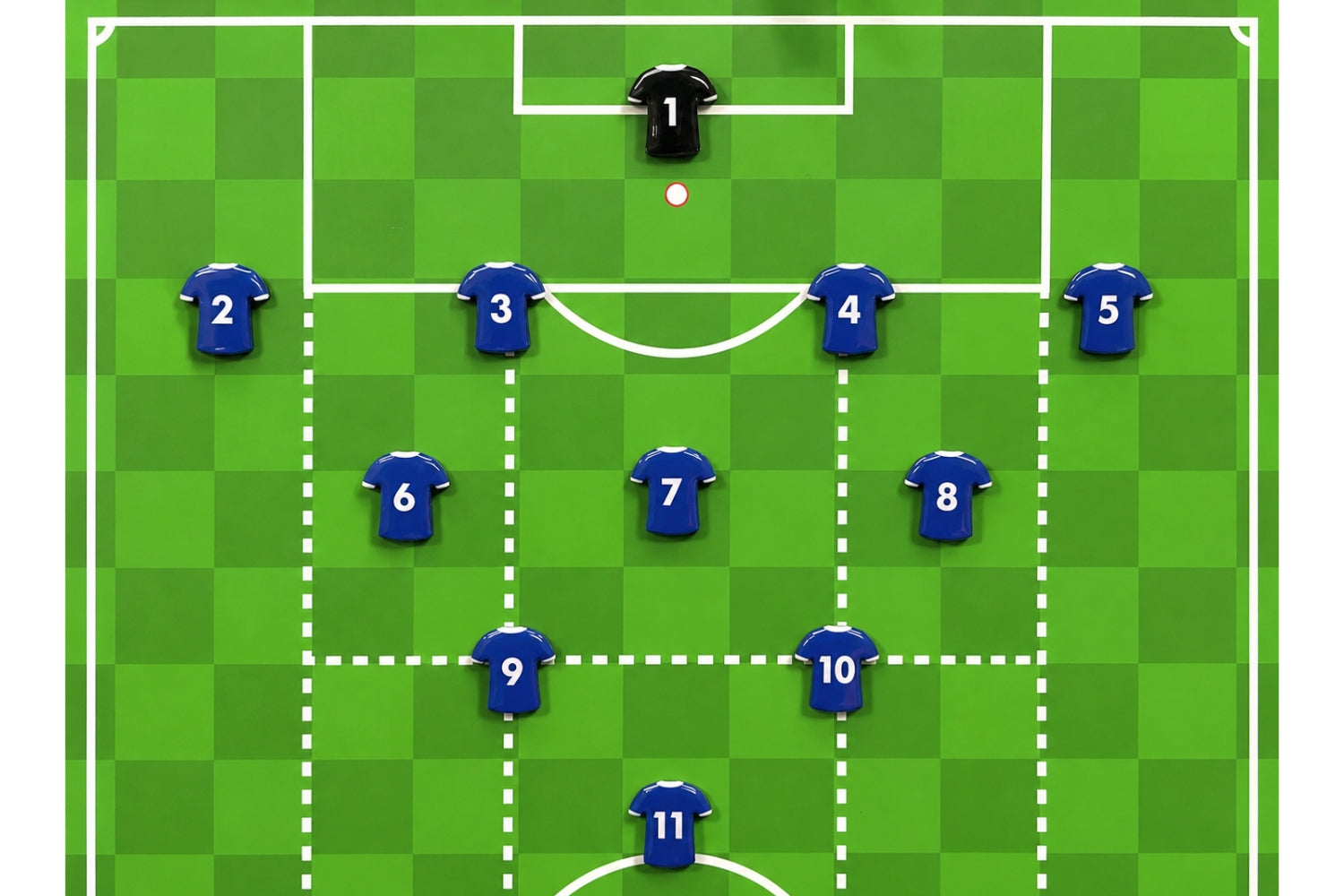 Display a soccer field diagram featuring eleven blue jerseys arranged in a classic 4-3-3 formation—four defenders, three midfielders, three forwards, and one goalkeeper in black—ideal for use with the Samba Sports Football Coaching Board Shirt Magnets Set of 27. Perfect for coaches to illustrate tactics and strategies on a football coaching board using magnetic player markers from this set.